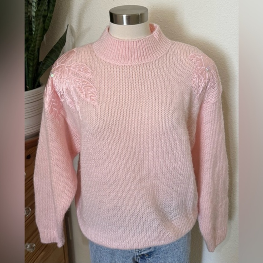 Vintage Pink pastel Knit Sweater – Beaded‎ Lace sequin Shoulder feminine